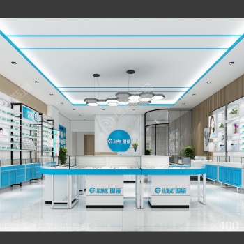 藍白烤漆眼鏡店展柜設計效果圖案例