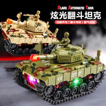 電動翻斗坦克車 音樂燈光自動行走特技翻滾坦克玩具車