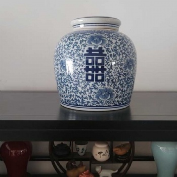 青花喜字罐，景德鎮陶瓷花瓶，插花花瓶，陶瓷罐子